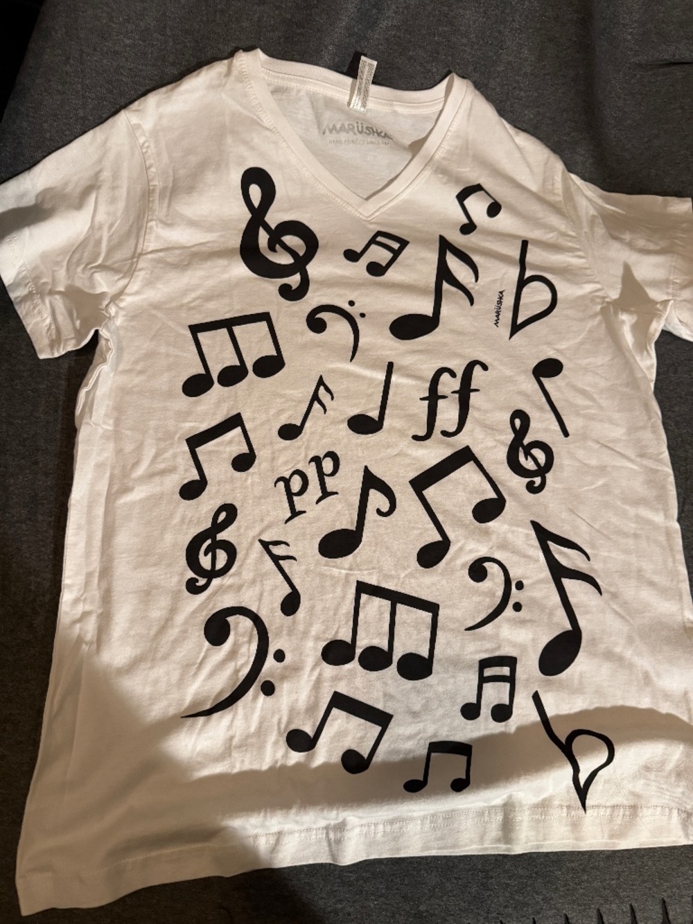 Marushka - Hand Printed Tee. Music Notes - Size Ladies XL